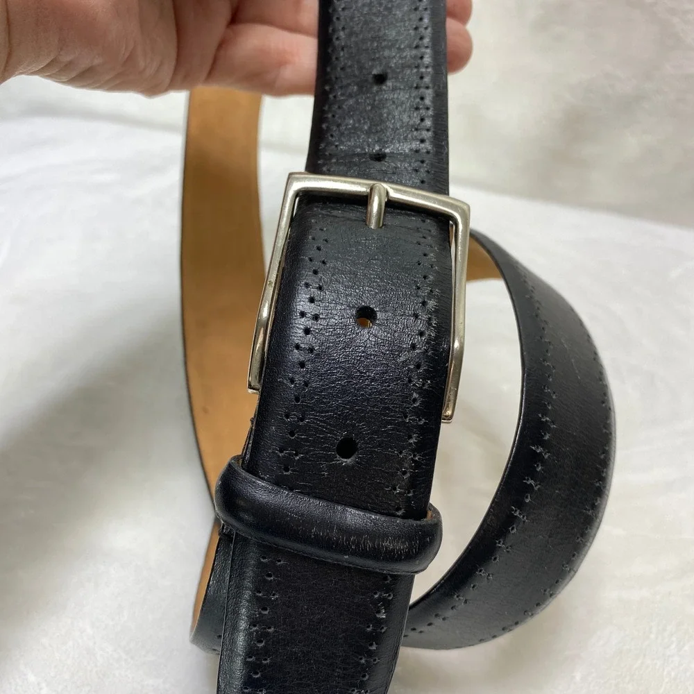 Allen Edmonds Mens Black Leather‎ Brogue Perforated Dress Belt 38 Very Good